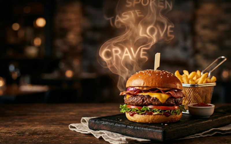 Restaurant Slogans - A burger with slogan smoke